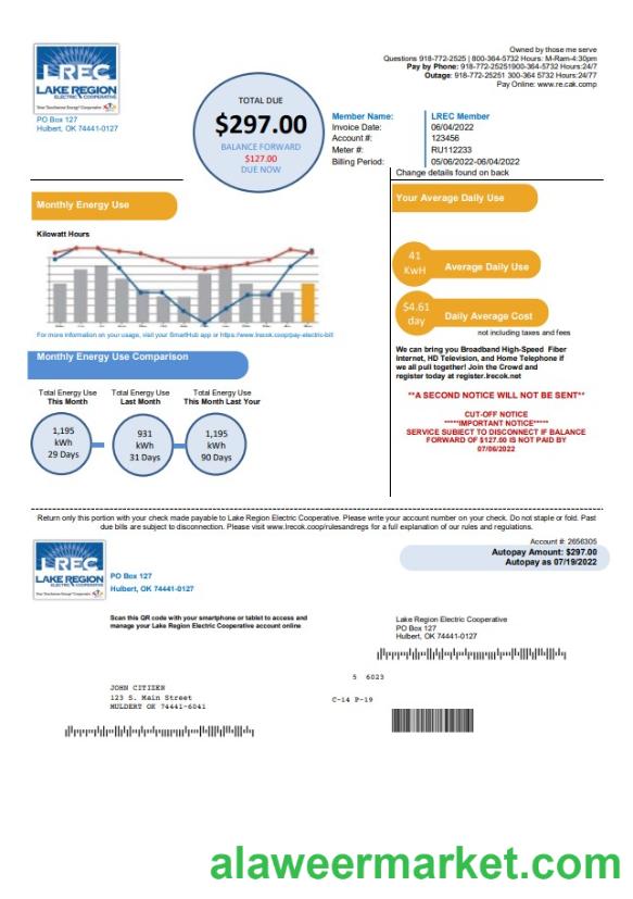 USA Oklahoma LREC Lake Region utility bill template in Word and PDF format